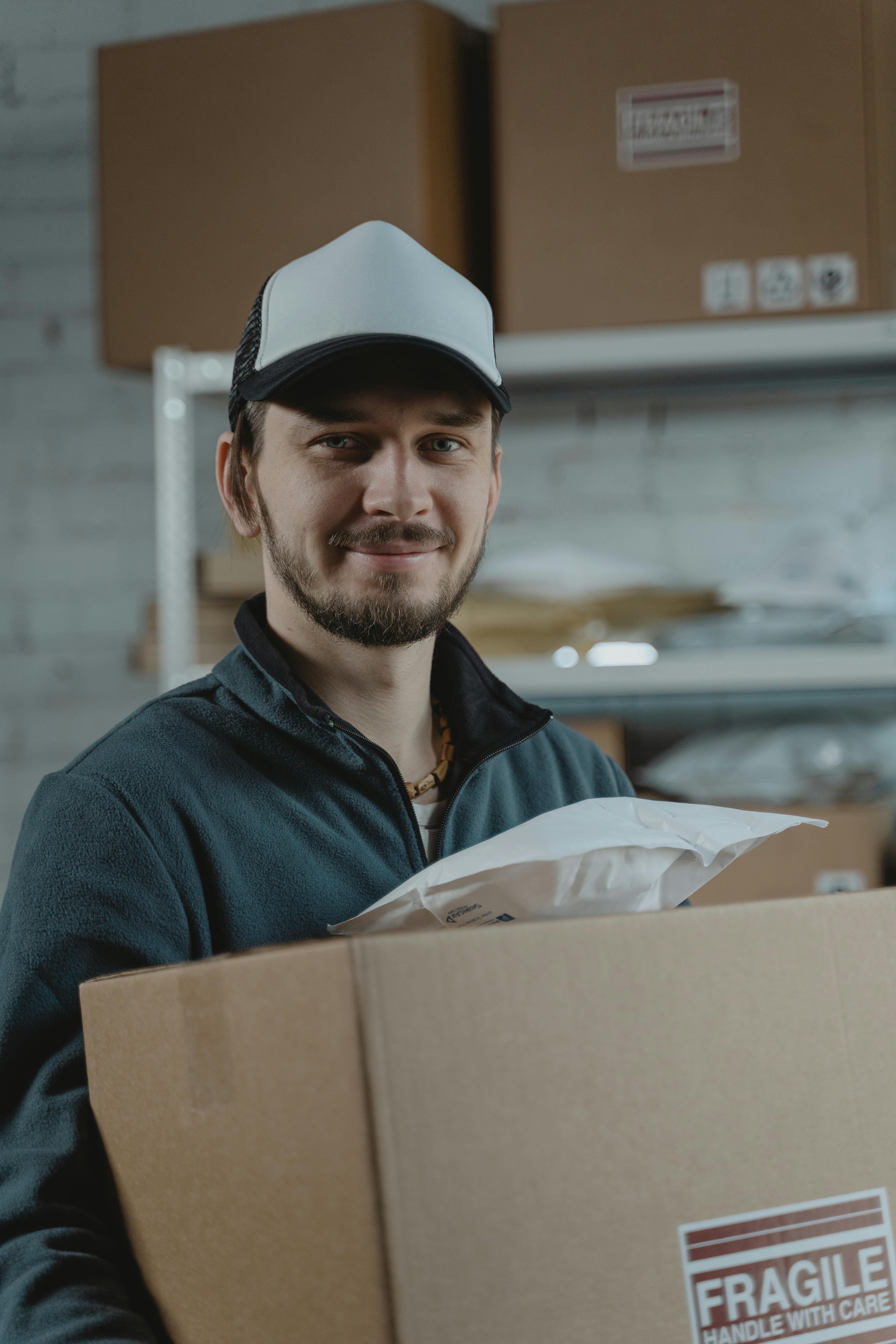 a man carring box to from warehouse